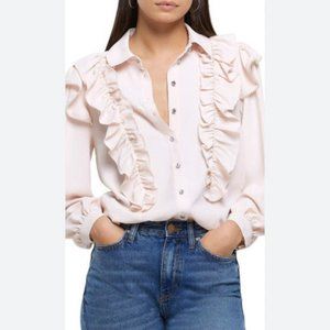 NWT River Island Women Pink Imitation Pearl Trim Ruffle Crepe Blouse, Size 10 UK